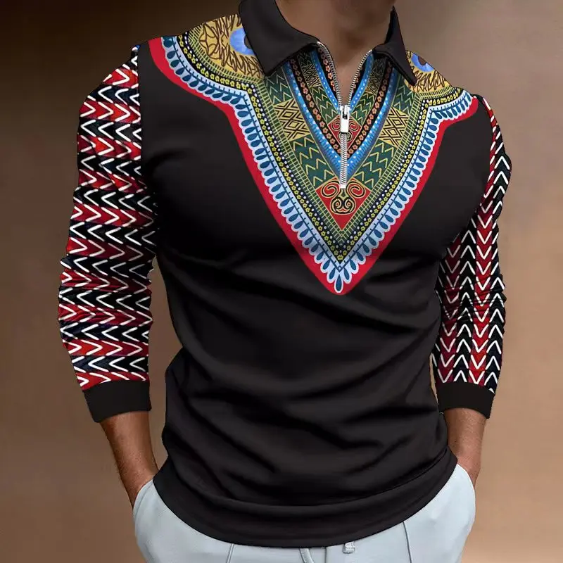 

Men's Polo Shirt Golden Chain Pattern Casual Long Sleeve Streetwear Chic Tops Turn-Down Collar Zipper Hip Hop Male Club Clothing