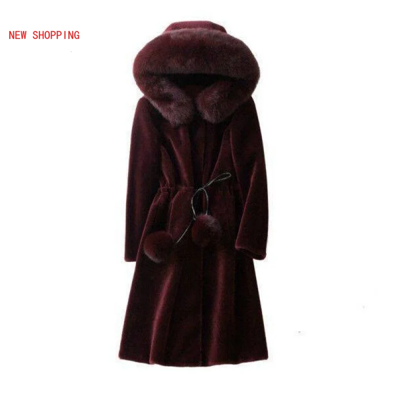 Luxurious Mid Length Faux Fur Coat Women Hooded Mink Cashmere Slim Fit Solid Long Sleeve Warm Single Breasted Noble Fur Coats