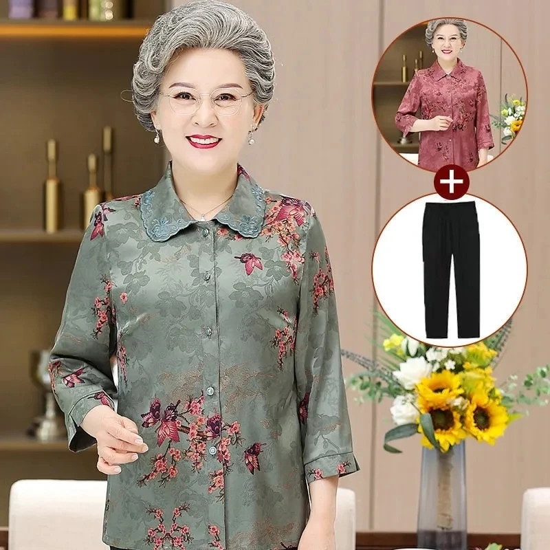 

Elderly People Clothes Spring Summer Grandma's Blouse Fashion Printed Lapel Cardigan Blaus Middle Aged Mother Shirt Women Tops