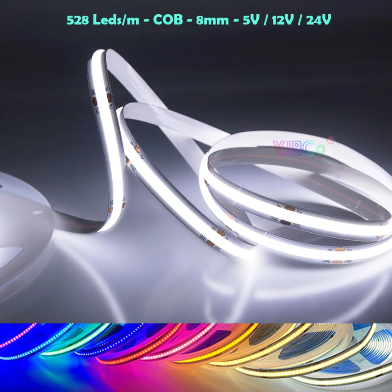 5M White/Warm white/Natural White/Blue/Ice Bule/Red/Green/Pink Flexible COB LED Strip 5V 12V 24V 528LEDs/m Light Tape  8mm FPCB
