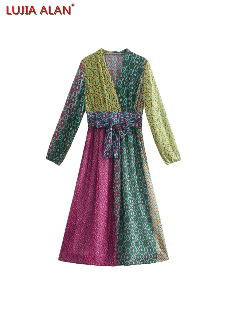 

Geometric Print Chiffon Splicing Women Dress Autumn Female V-Neck Long Sleeve Streetwear Vestidos LUJIA ALAN WD589