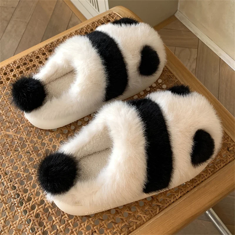 Winter Cartoon Panda Design Slippers Cotton Slip-On Women Furry Soft Sole Warm Plush Ladies' Slides Indoor Gift Memory Foam Shoe