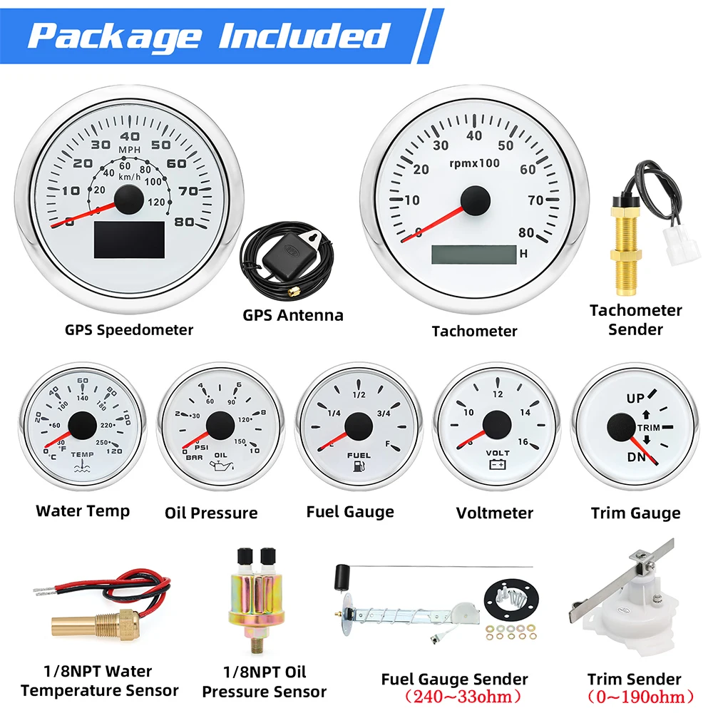 

Набор 7 манометров, 85 мм, белый GPS-спидометр, 12 В/24 В, тахометр и 52 мм, топливный/температурный/масляный/вольт с датчиками, водонепроницаемый для морской лодки, автомобиля на заказ