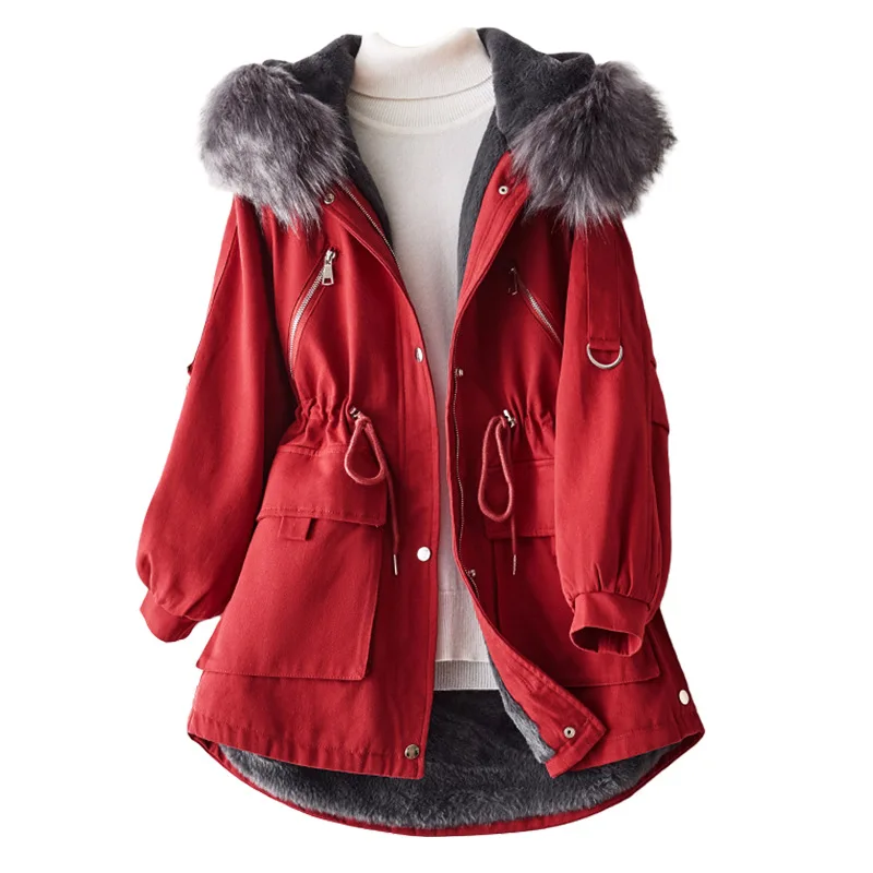 European and American Winter Clothing Fur Collar Workwear Parka Cotton-Padded Coat Thickened Cotton Padded Coat Mid-Length enlarge