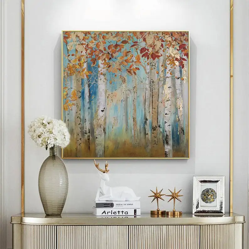

Abstract Landscape Canvas Artwork Painting Yellow Birch Trees Painting Gold Foil Wall Art Painting on Canvas for BedroomBig huge