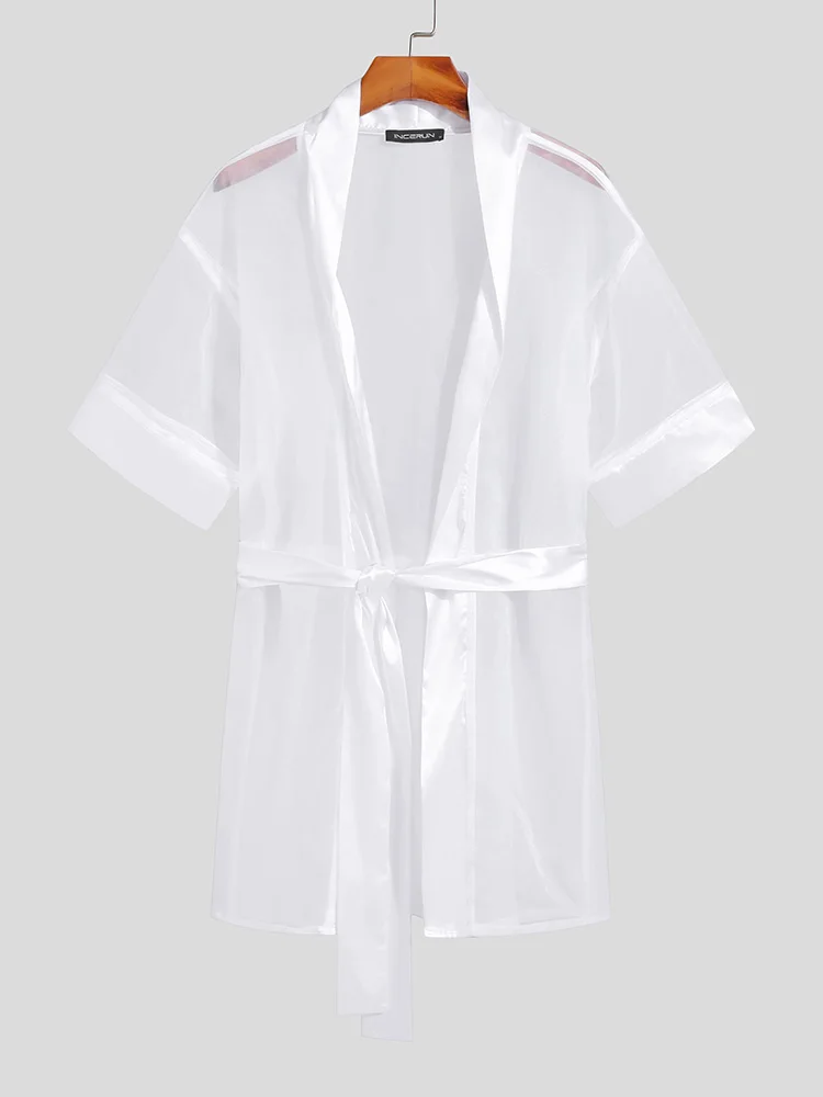 INCERUN Tops 2022 Sexy Leisure Style Men's Transparent Mesh Contrast Color Blouse Fashion Male Sleeve Thin Cardigan Shirts S-5XL
