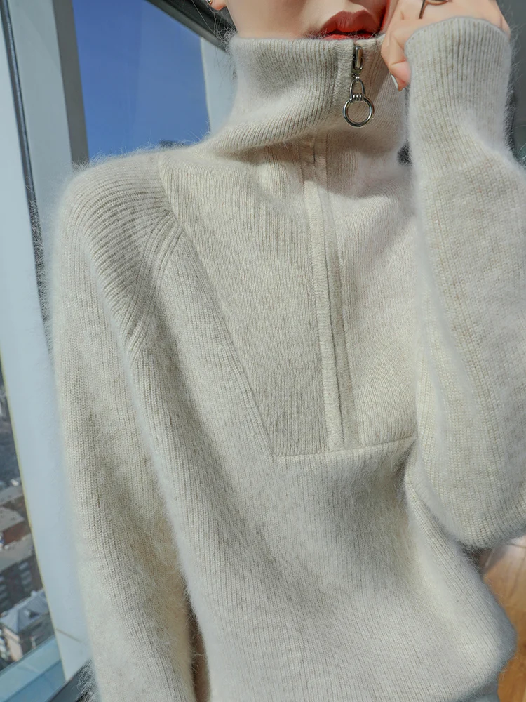 ANGEL осень-зима женский свитер на молнии с отложным воротником пуловеры из 100%