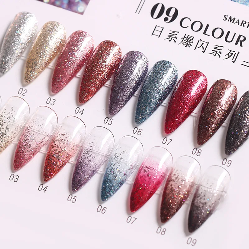 

9 Colors Glitter Gel Nail Polish Lacquer 8ml Soak Off Uv Led Semi Permanent Sequins Varnish Gel for Manicure Nail Art Gel Polish