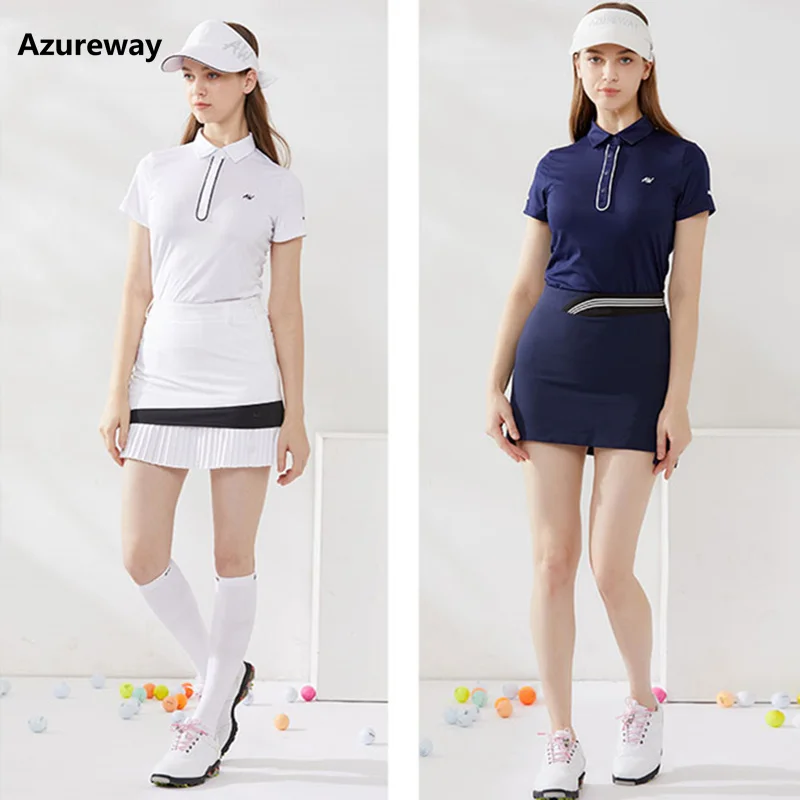 Azureway Golf Ladies Short Sleeve Shirt Spring Summer New Golf T-shirts Women Breathable Sports Polo Shirt Golf Pleasted Skirt