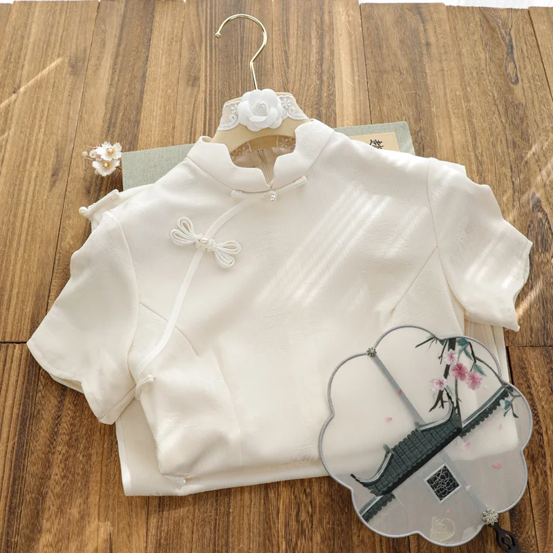 Qiaonianyu Retro Sle Beige White Jacquard Short sleeve 2024 Spring New Daily Wearable Improved Young