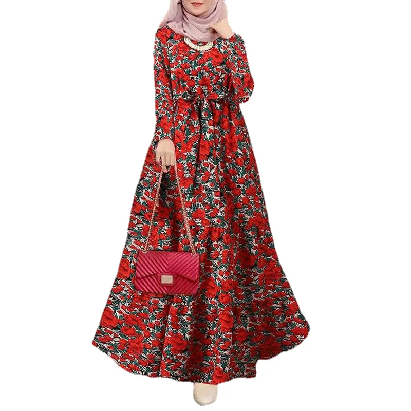 Morocco Catanf Dubai Turkish Abaya Hijab Dress Vintage Long Dress Women Muslim Dress Printed Sun Dress Long Sleeve Robe Belt