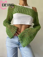 oeing 2022 y2k green long sleeve smock crop top women summer beach sexy backless hollow out knitted t shirts party fashion