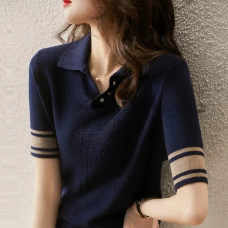 Short Sleeve Polo Shirts Woman Free Shipping Black Women Vintage Sweatshirt Flower Knitted Korean Shirt High Quality Top Cotton images - 6