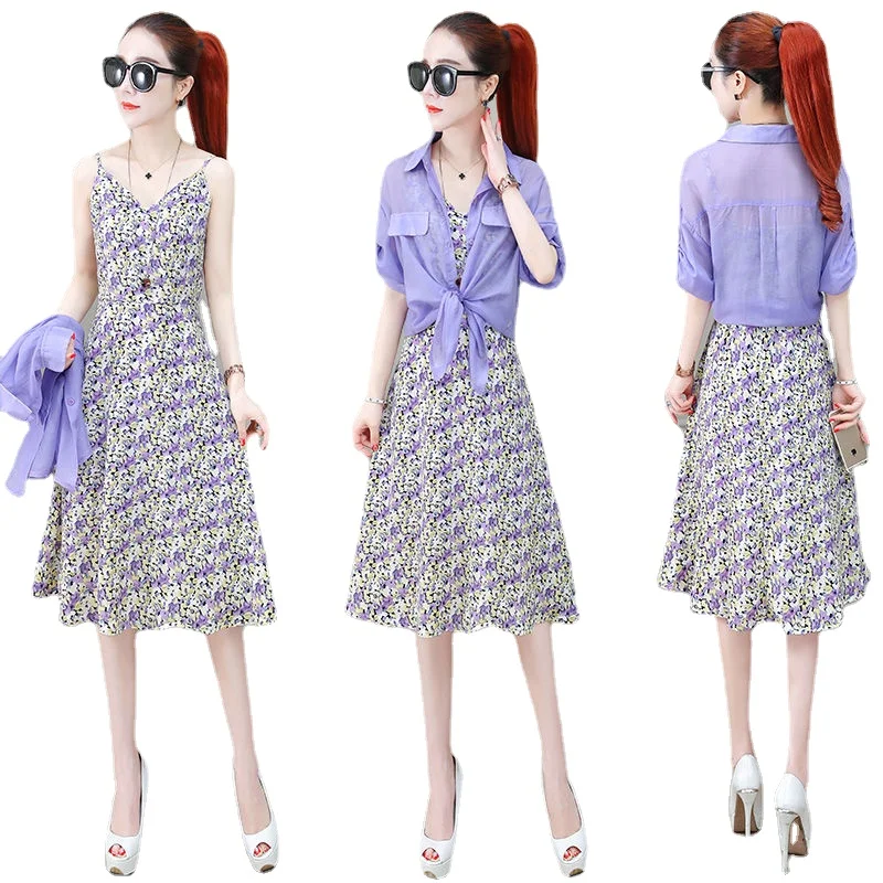 

Dress Retro Purple Suit Chiffon Floral Skirt with Shoulder Straps Two-piece Suit