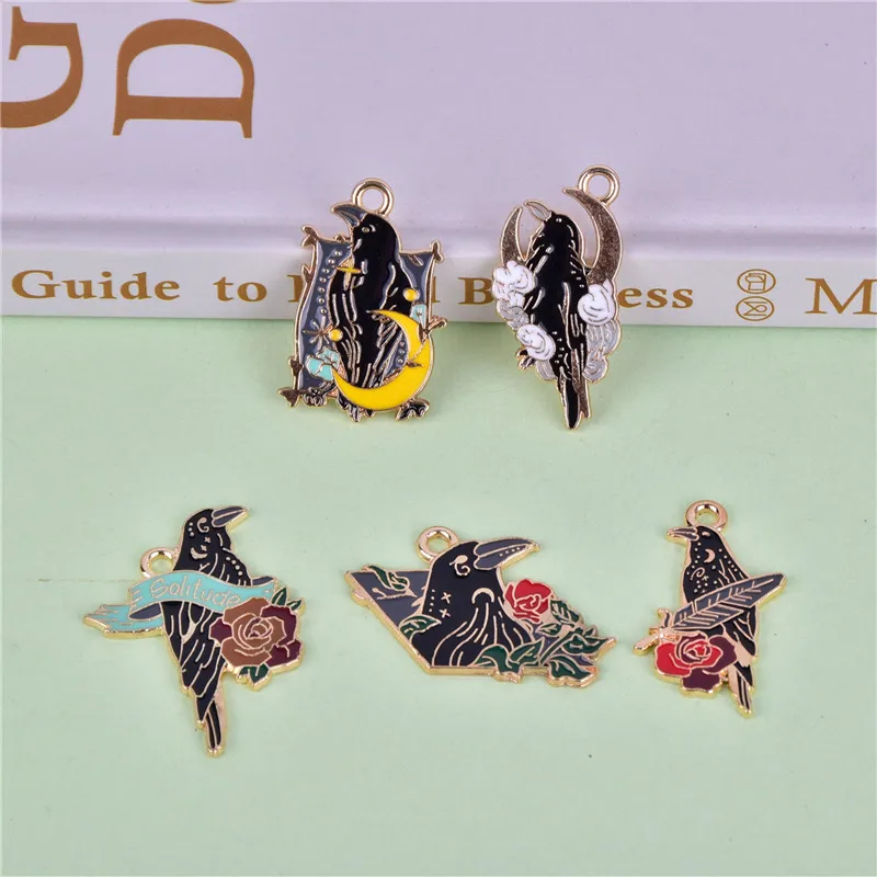 

10pcs/pack Moon Crow Enamel Charms for DIY Jewelry Design Making