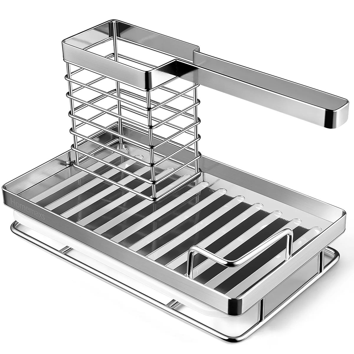 

HOMEMAXS Kitchen Sink Organizer Stainless Steel Dish Kitchen Utensils Holder Sponge Brush Rack with Drain Pan for Home Kitchen