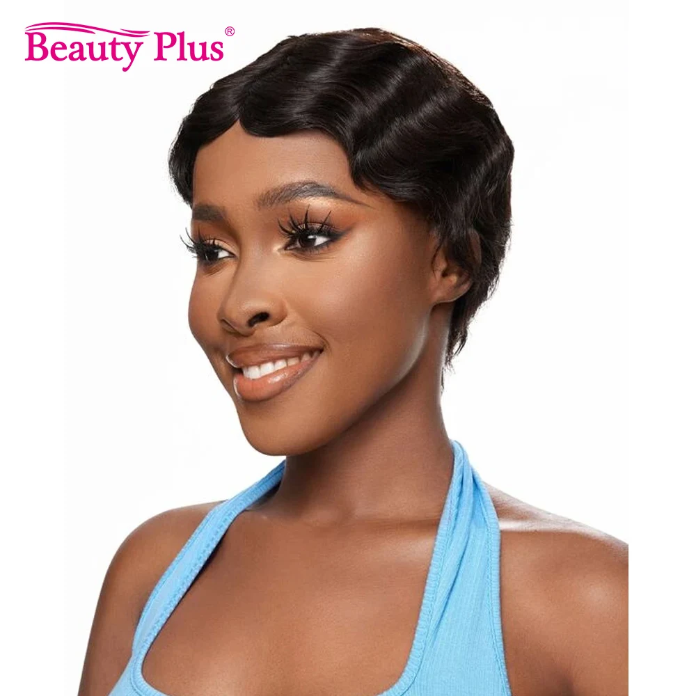 Pixie Cut Finger Wave Glueless Bob Wigs For Black Women #1B #4 #27 #30 #99J Ocean Wave Short Indian Human Hair Wig Machine Made