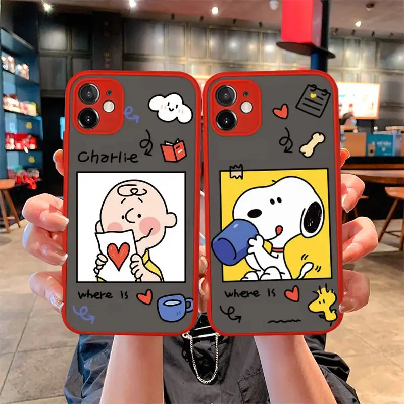 

Cartoon Cute Dog Snoopy Phone Case For iphone 12 11 Pro Mini Max XS X 8 7 Plus SE 2020 XR Matte Transparent Light red Cover