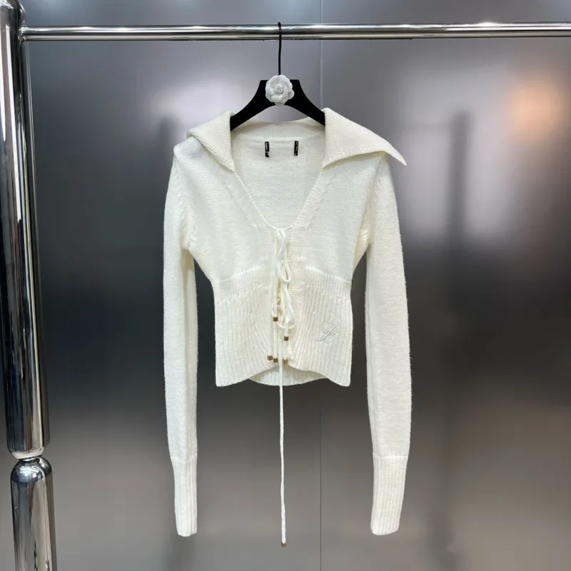 

PREPOMP 2023 Autumn Winter New Collection Turn Down Collar V Neck Long Sleeve Drawstring Knitting Cardigan Slim Sweater GL742