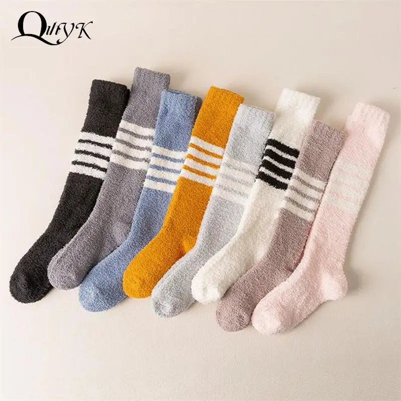 

Winter Warm Coral Fleece Long Thigh High Socks Girls Women Animal Modeling Stockings Striped Cute Knee Socks Medias De Mujer