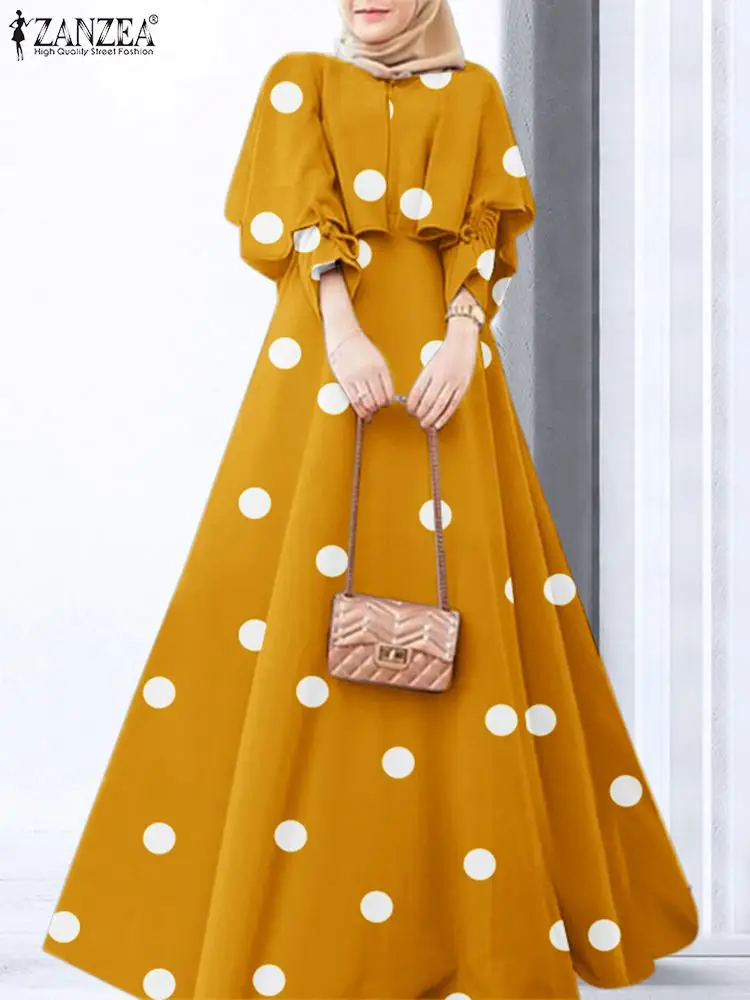 

Bohemian Casual Sundress ZANZEA Women Vintage O-Neck Polka Dots Print Muslim Dress Elegant Long Sleeve Islamic Abayas Maxi Robe