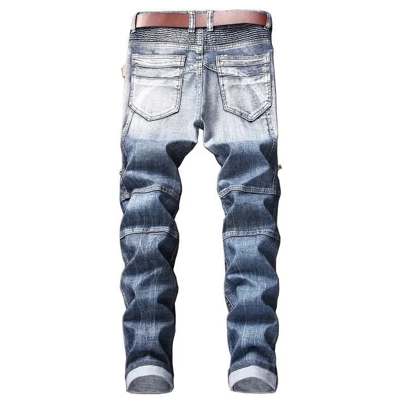 Streetwear Mens Jeans Street Fashion Trend Motorcycle Personality Folded Stretch Jeans Full Length Denim Pants Casual Trousers