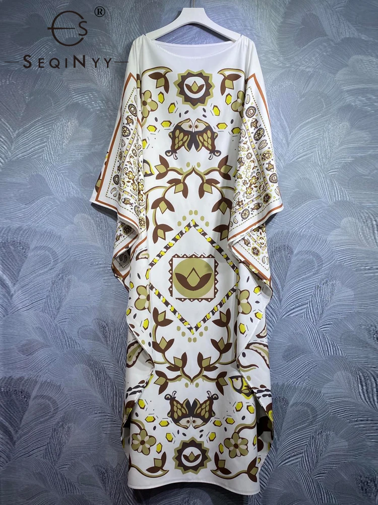 

SEQINYY Elegant Long Dress Spring New Fashion Design Women Runway Flare Sleeve Vintage Flower Print Loose High Street Casual