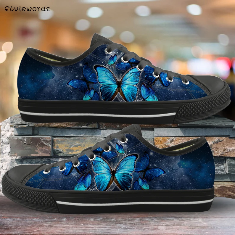 

Printing Blue Butterfly Ladies Low Top Canvas Shoes Outdoor Breathable Walking Shoes Graffiti Woman Flats Zapatillas Lona Mujer