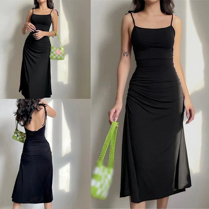 

New style Women Tie Up Spaghetti Strap Sexy Twisted Backless Ruched Midi Long Slim Dress