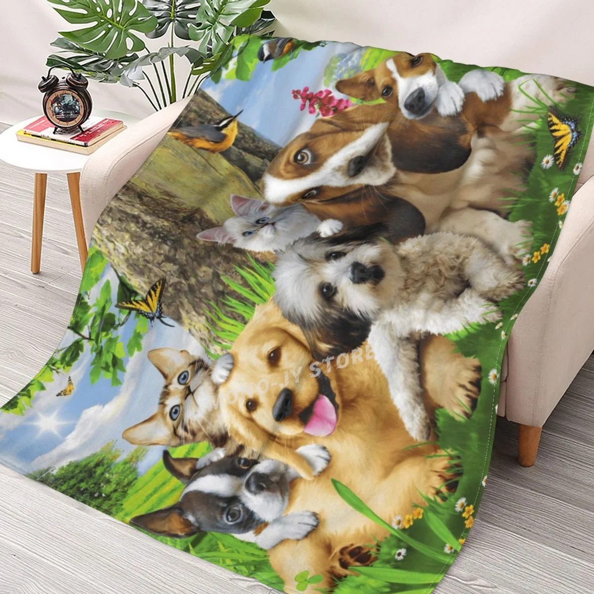 

Puppy And Kitten Pals Throws Blankets Collage Flannel Ultra-Soft Warm picnic blanket bedspread on the bed