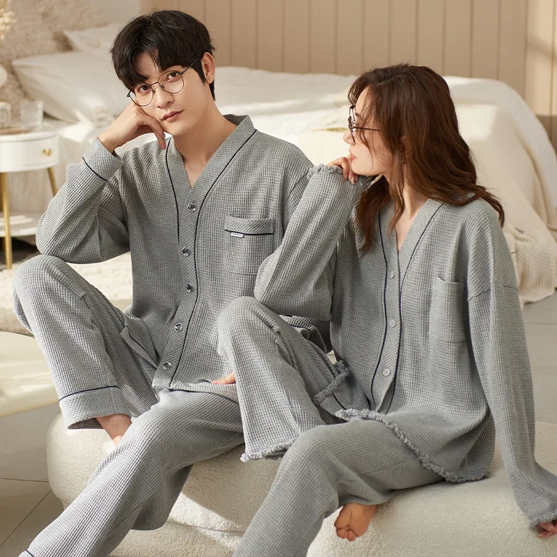 Couples Nightwear Men's Cotton Pajamas Set Kimono V Neck Women Pijamas Suit Autumn Home Clothes Japan Pjs Loungwear Freeship
