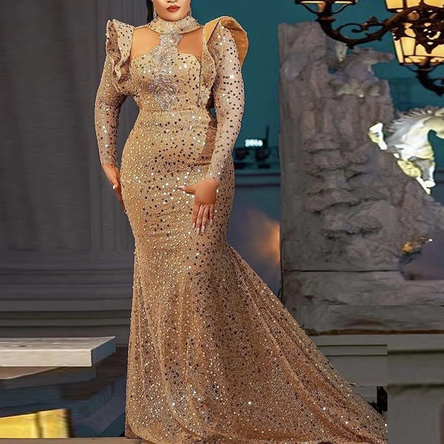 

Gillter Sequined Mermaid Prom Dresses Aso Ebi Arabia Long Sleeves Robe De Soiree Sparkly Women Party Dress Sweep Train