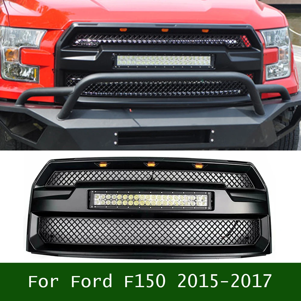 

For Ford F150 2015-2017 Raptor Modified Racing Grill Front Bumper Upper Grills Radiator Grille Wiht LED Light Bar 120W Fit