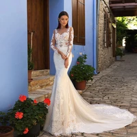 luojo mermaid wedding dresses o neck long sleeves white sexy appliques lace bridal dress wedding gown vestidos de noiva