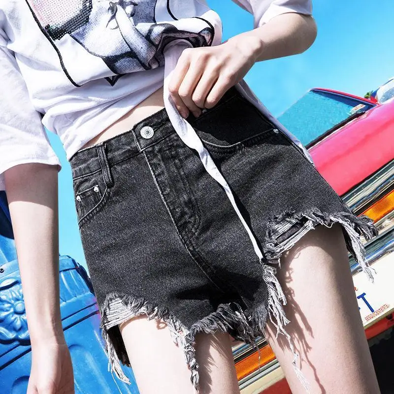 

Women 2022 Summer New Loose Denim Shorts Female High Waist Wide Legs Short Jeans Ladies Pockets Broken Holes Hot Shorts Q13