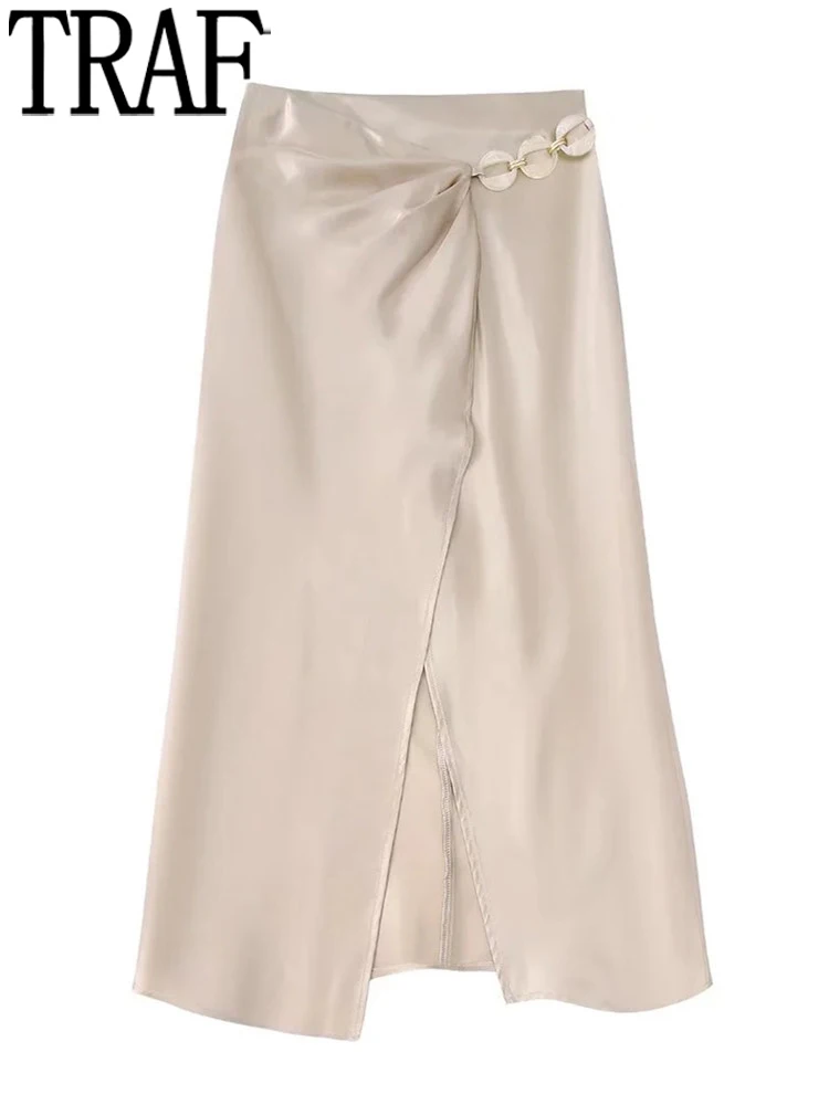 

TRAF Satin Long Skirt Women Chain Wrap Midi Skirt With Slit High Waist Skirts Woman Fashion 2022 Ruched Beach Summer Skirts