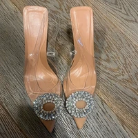 brand zar 2022 summer new rhinestones fashion pointed toe high heels sexy outer wear muller sandals slippers pumps women luxury