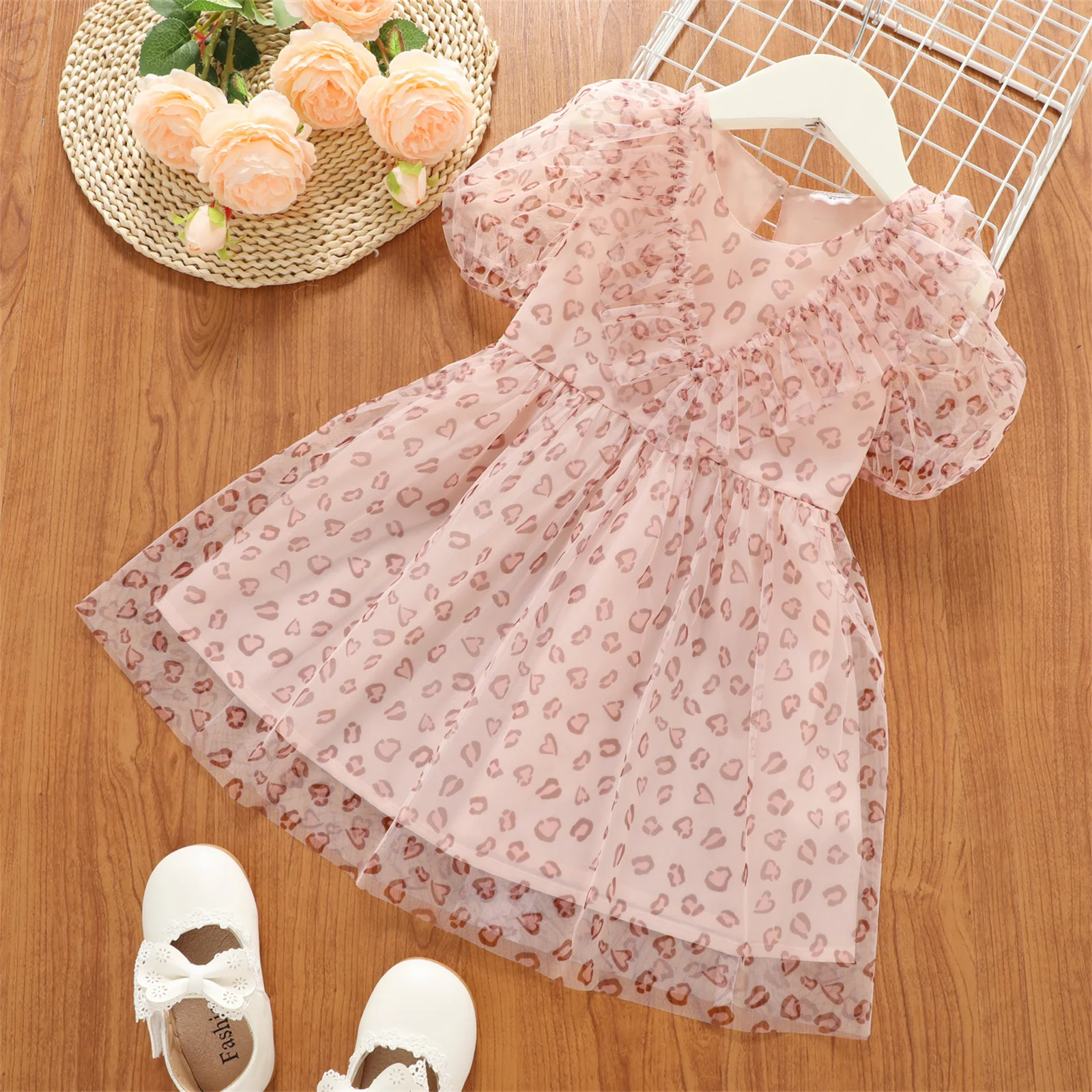 

PatPat Toddler Girl Leopard Print Ruffled uffled Mesh Design Short-sleeve Pink Dress
