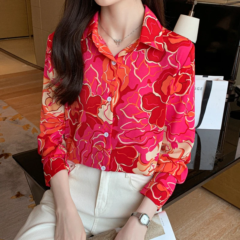 

New Arrival Women's Blusa Mujer for Spring Autumn Fashion Trendy Print Ladies' Button-Down Shirt for Work and Casual