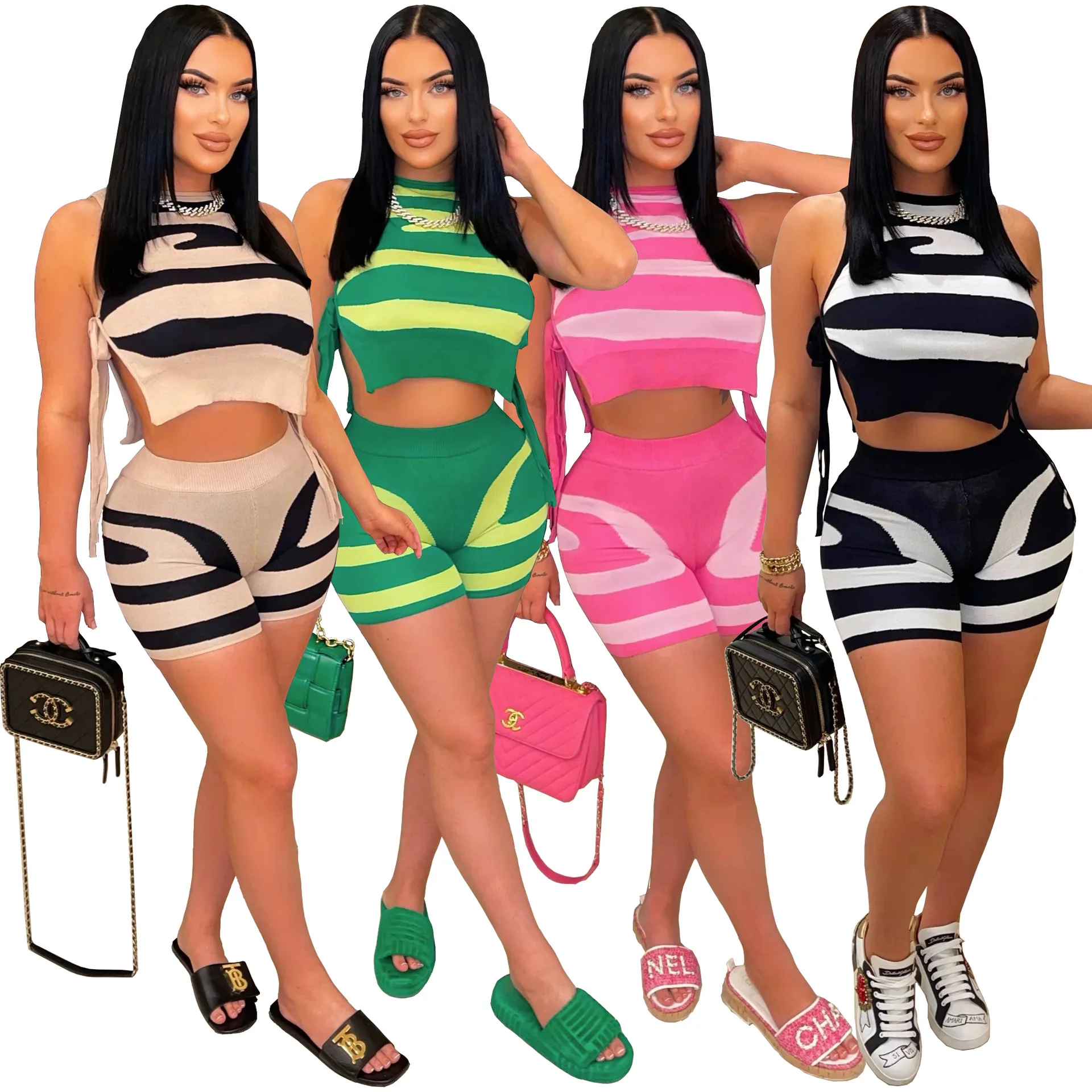 

Women Summer Fitness Zebra Striped Print Two Piece Set Spaghetti Straps Asymmtrical Crop Tops and Shorts Suit Casual Tracksuits