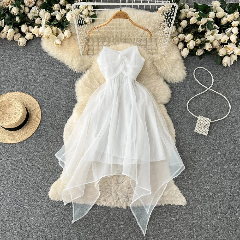 

Summer Sexy Dress White Dovetail Spaghetti Strap High Waist Mini Dress Lace Thin Sleeveless Pleated Elegant Female Robe Party