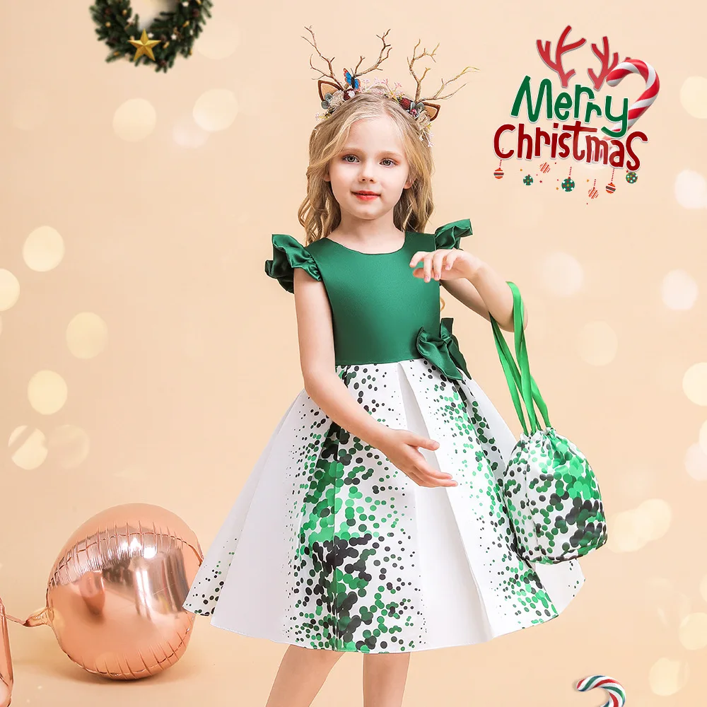 Spot Children Skirt Green Printing Puffy Girl Christmas Dress Dance Party Show Host Performance Clothes Vestido Yt007