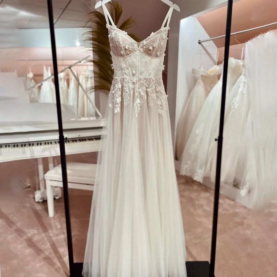 Sexy See Through Lace Wedding Dress Boho 3D Flowers Applique Long Nude Mesh Bridal Dresses vestidos de novia sencillos
