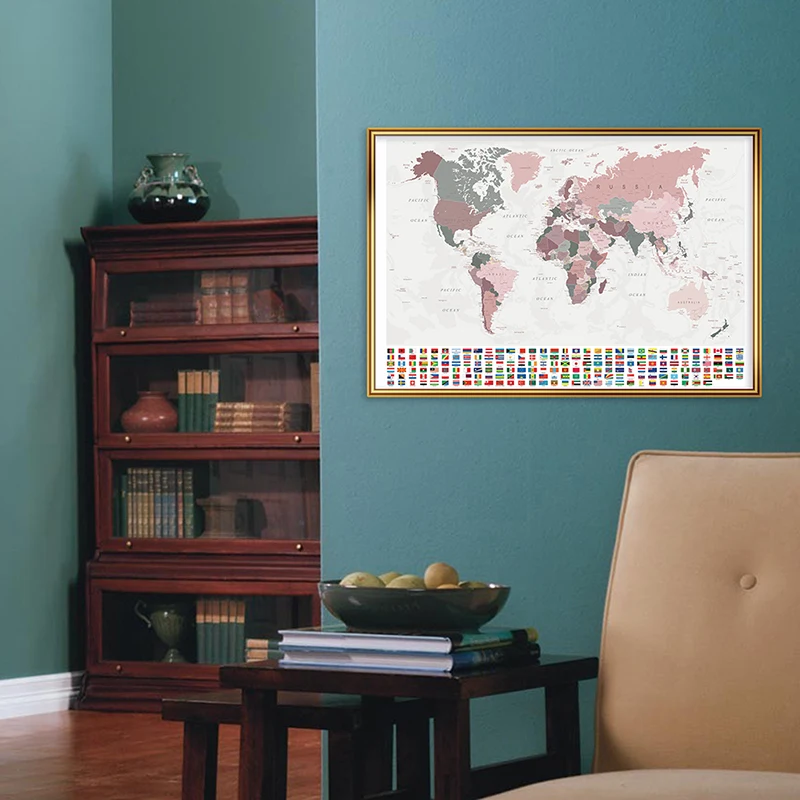 

59*42 см, политическая карта мира с национальными флагами, ретро декоративная картина на холсте, Настенная картина, плакат, школа, искусство