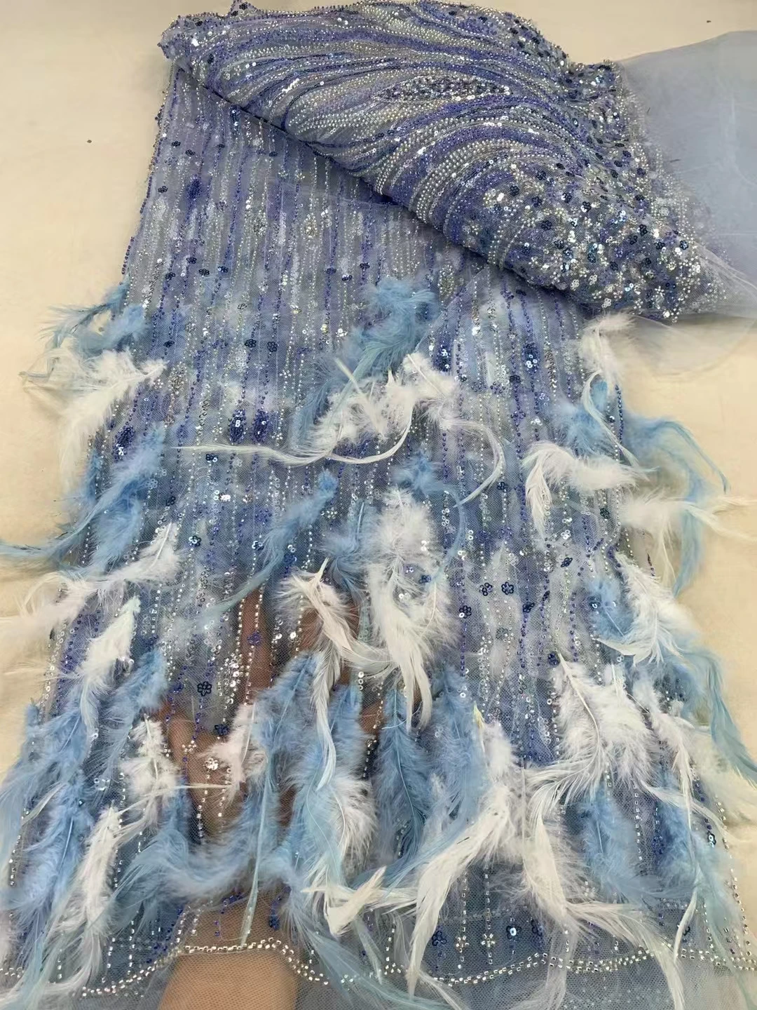 3D кружевная ткань с трехмерной вышивкой перьев Европейское и американское