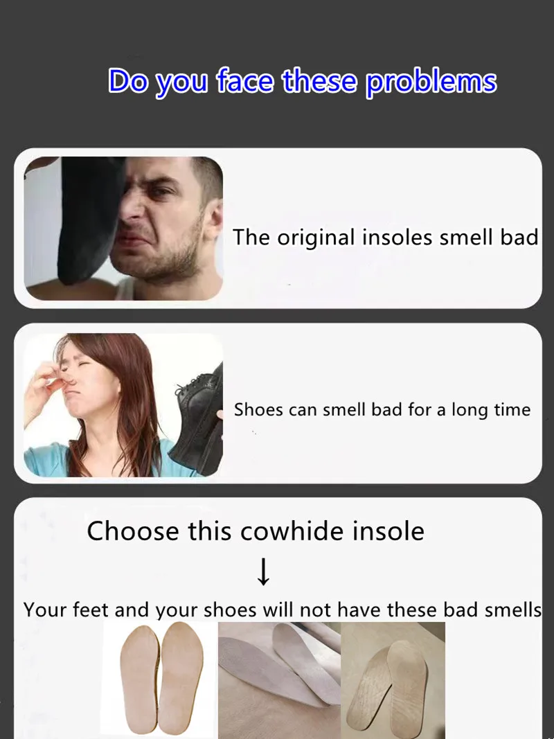 Original cowhide. Firmly durable cow leather insole.real leather skin, absorb foot sweat, super thick insole.Very breathable