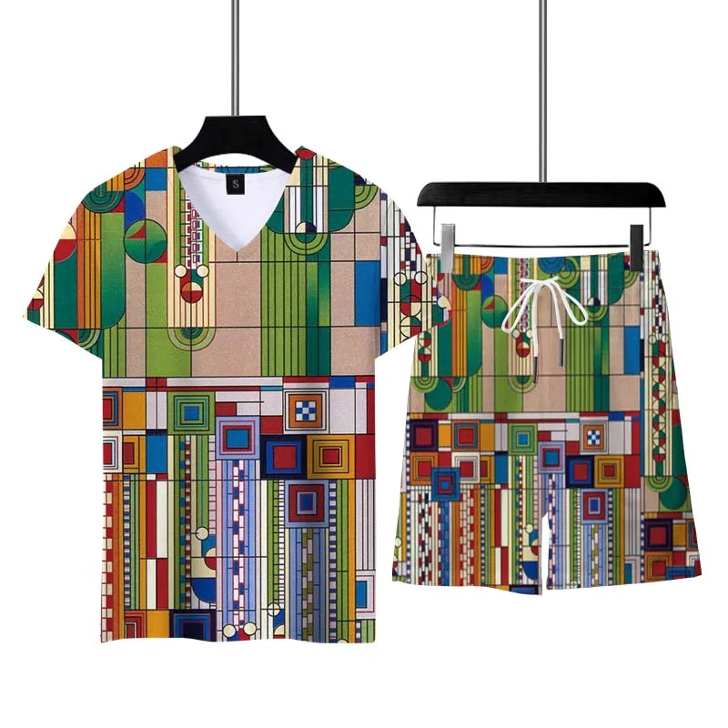 2023 Summer Men Sports Suit Casual Short Sleeve 3D Printed Harajuku Suit V-neck Men's Clothing T-shirt Oversized Comfortable Top