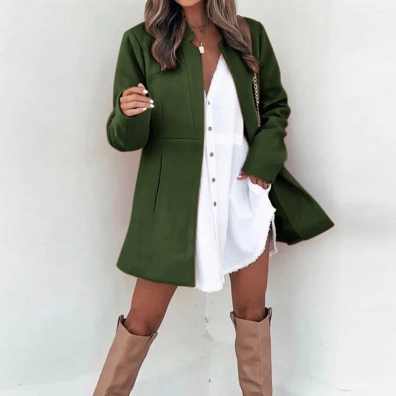 

Vintage Solid Color Women Overcoat Spring Long Sleeve Slim Fit Office Lady Wool Blends Coat 2022 Autumn Pocket Jacket Outerwears