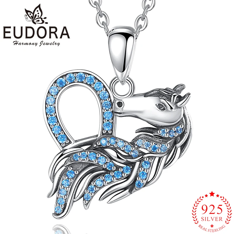 

Eudora 925 Sterling Silver Horse Necklace Delicate Blue Crystal Zircon Heart Pendant Fashion Ladies Jewelry Banquet Gift