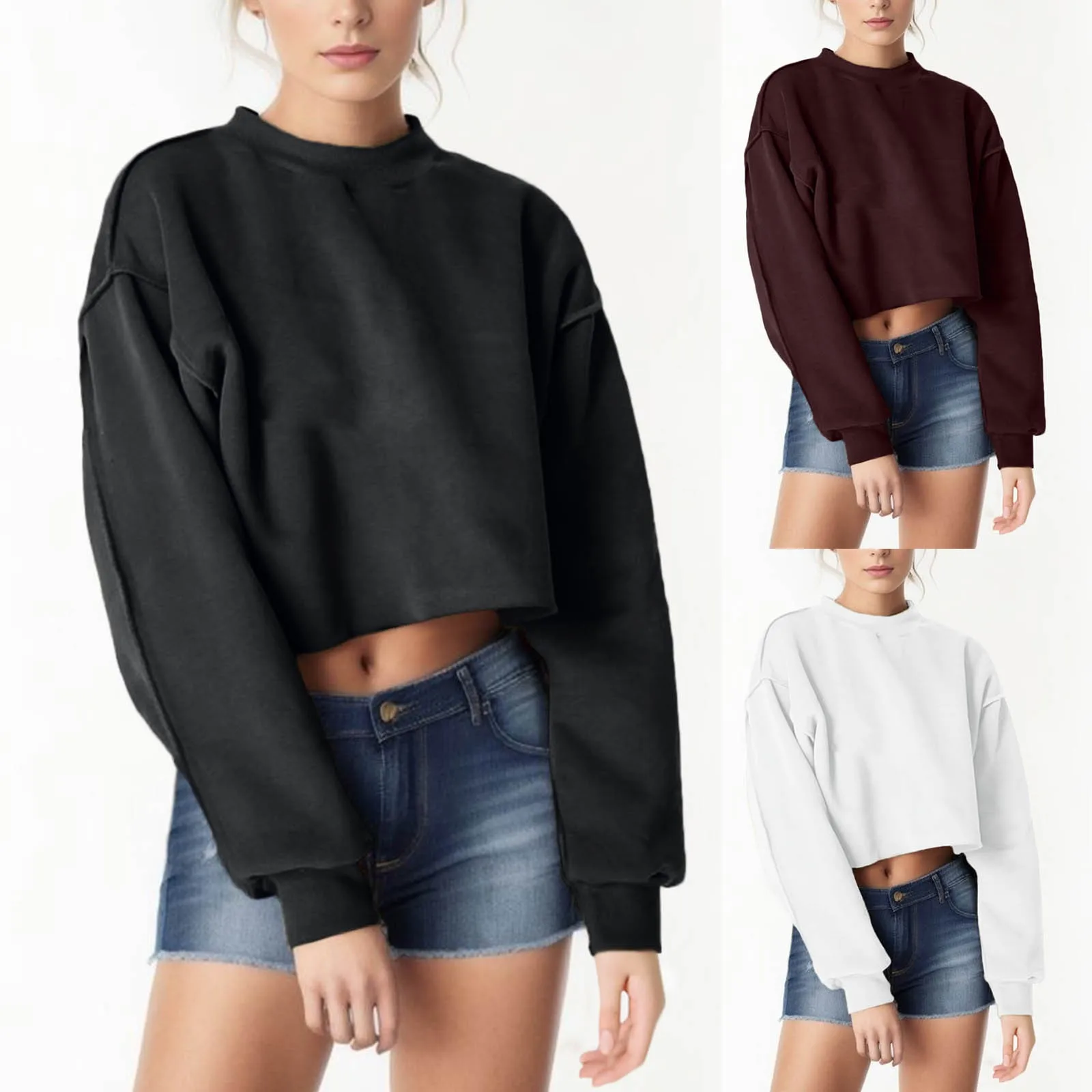 

Thicken Womens Cropped Fleece Lined Sweatshirts Spring Autumn Casual Solid Color Long Sleeve Crew Collar Short Pullovers Sports